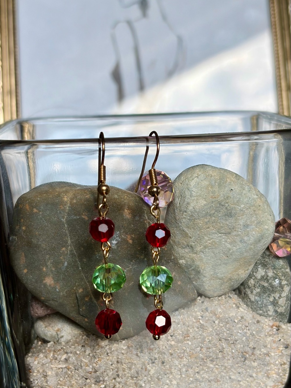 Handcrafted Gold-Tone Earrings with Red and Green Faceted Beads